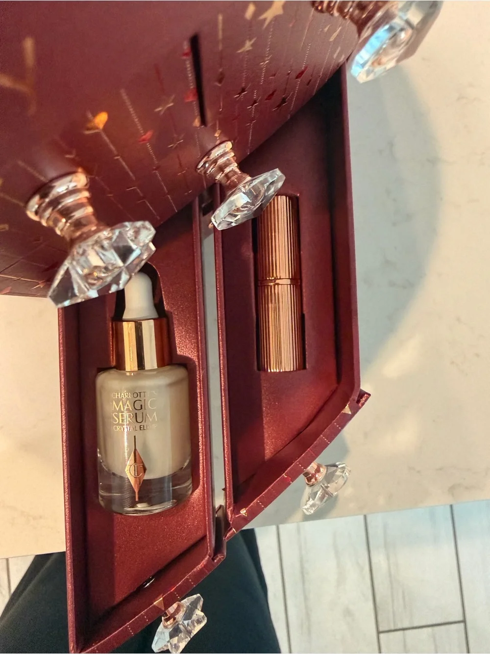 Charlotte Tilbury Festive Burgundy and Gold Makeup Jewelry Chest with products!!